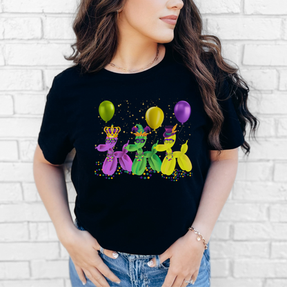 Unleash your playful side with this Mardi Gras Balloon Dog T-shirt in black, decorated with purple, green, and gold balloon dogs surrounded by floating confetti. Inspired by the energy of New Orleans Carnival celebrations and French Quarter flair, this bold graphic tee is perfect for parade season, NOLA tourists, or fans of festive dog art with a party vibe.