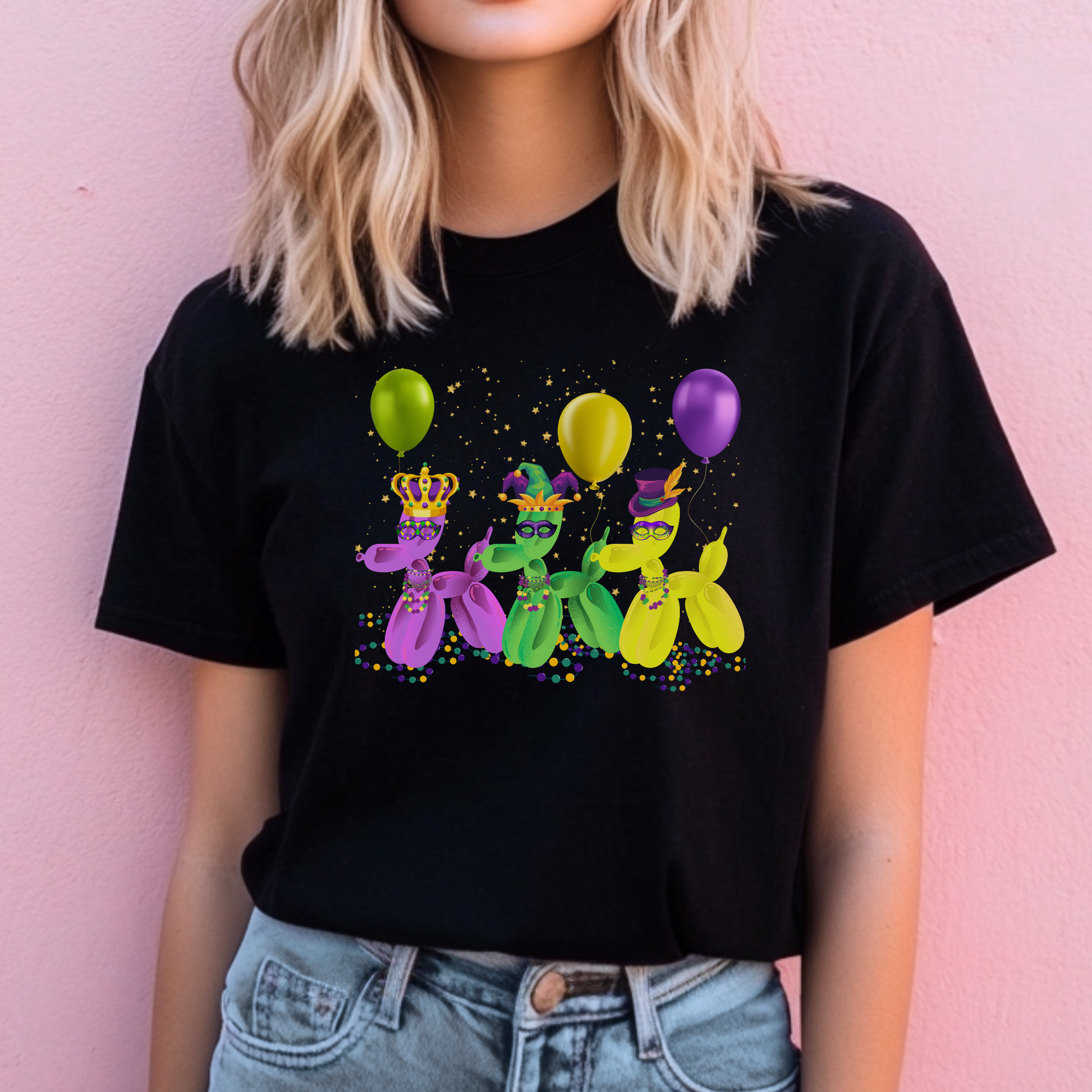 Celebrate Carnival in style with this black Mardi Gras Balloon Dog T-shirt featuring three playful balloon dogs in gold, green, and purple. Surrounded by festive confetti, this fun unisex tee captures the vibrant spirit of New Orleans parades, French Quarter flair, and NOLA streetwear. Perfect for Fat Tuesday celebrations or year-round lovers of party dogs and creative pop art fashion.