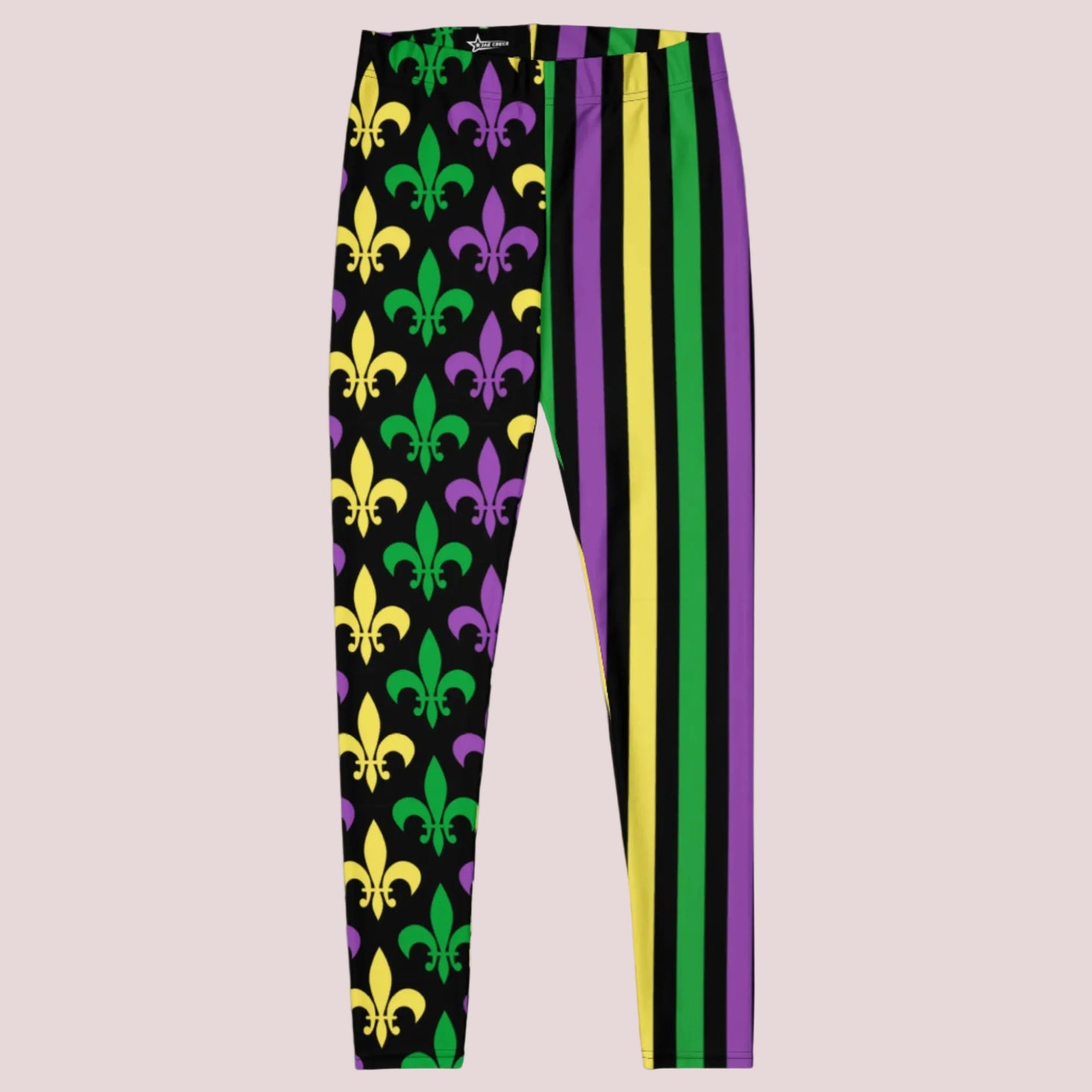Bold and fun Mardi Gras leggings for women, designed in black with classic Carnival colors—green, purple, and yellow stripes down one leg and a stylized fleur-de-lis print on the other. Ideal for parade day in New Orleans or themed events in NOLA, these stretchy leggings offer stylish comfort and pair perfectly with matching toddler and youth sizes for family matching.