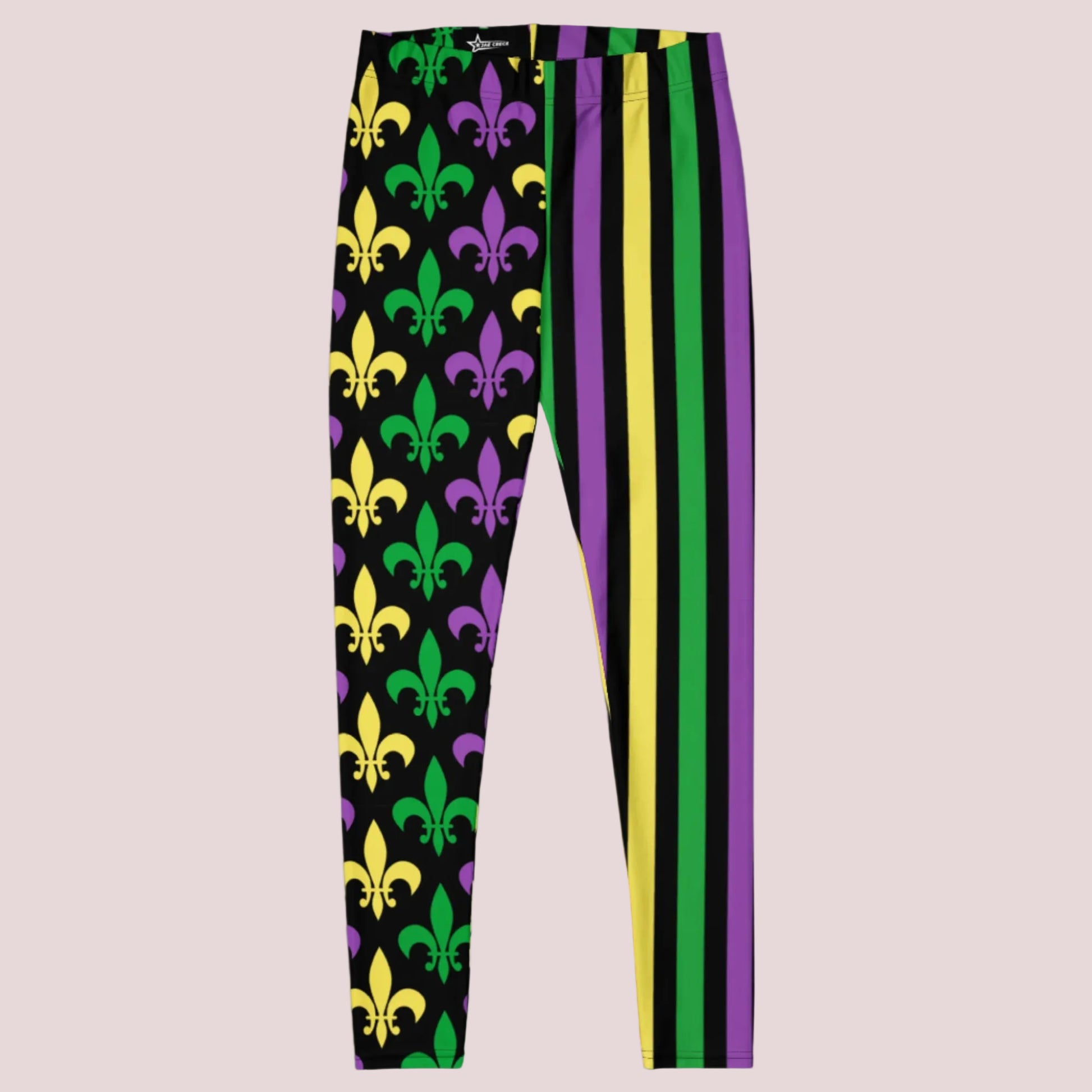 Bold and fun Mardi Gras leggings for women, designed in black with classic Carnival colors—green, purple, and yellow stripes down one leg and a stylized fleur-de-lis print on the other. Ideal for parade day in New Orleans or themed events in NOLA, these stretchy leggings offer stylish comfort and pair perfectly with matching toddler and youth sizes for family matching.