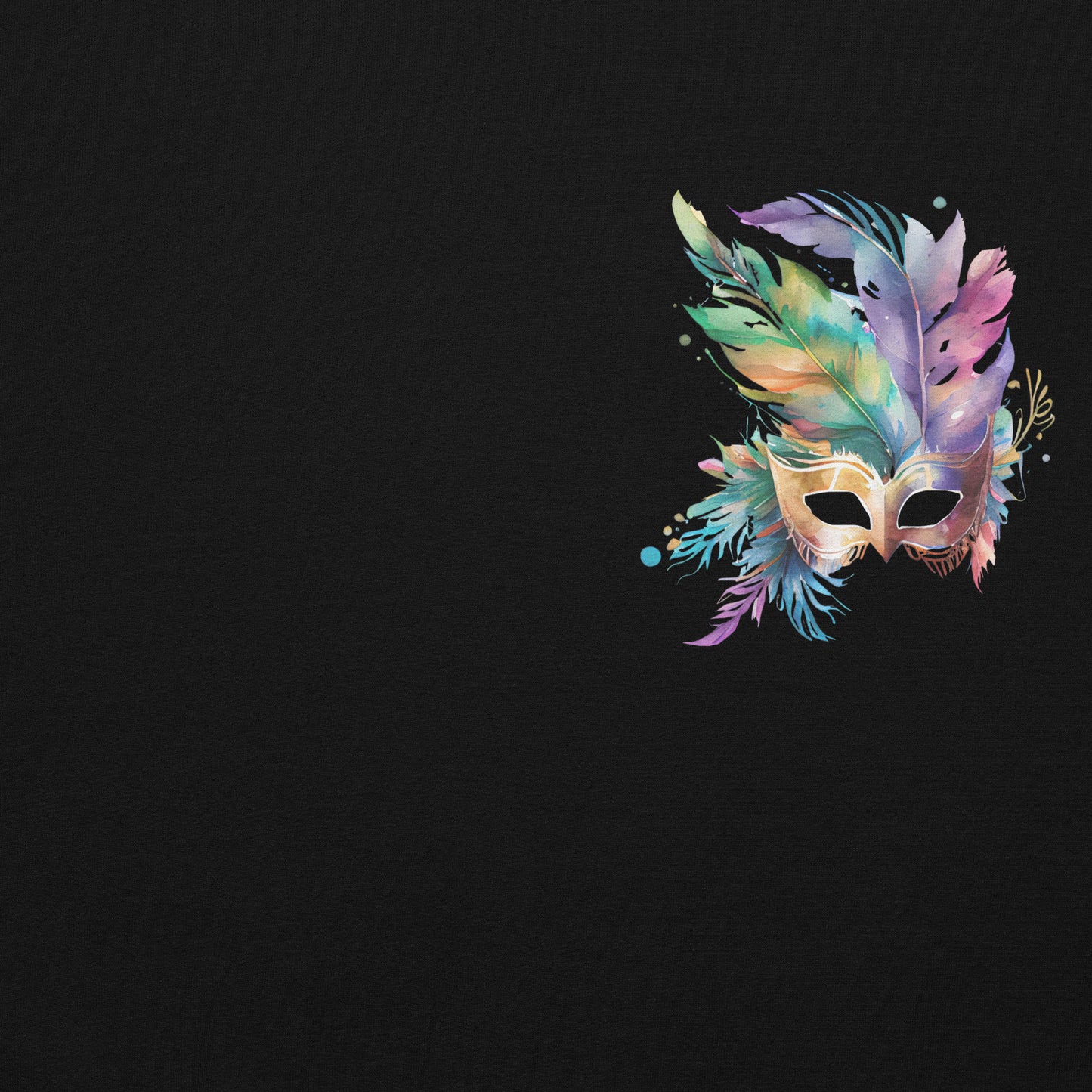 Image: Black Adult Mardi Gras Hoodie, printed on front and back. The front of the sweatshirt has a watercolor carnival mask, and the back features an oversized graphic of the same party mask with the text Laissez les on temps rouler. Colorful Mardi Gras watercolor mask hoodie with feathered design on front and back, unisex Gildan 18500 sweatshirt crafted from soft cotton-poly blend, ideal for Mardi Gras parades, festival events, French Quarter fashion, NOLA-inspired streetwear.