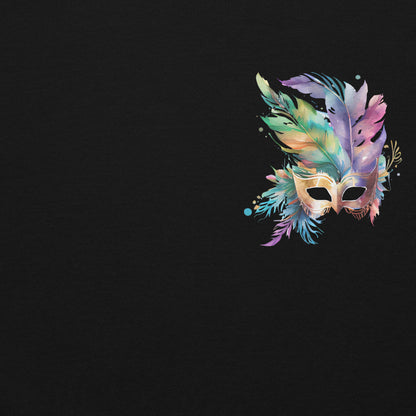 Image: Black Adult Mardi Gras Hoodie, printed on front and back. The front of the sweatshirt has a watercolor carnival mask, and the back features an oversized graphic of the same party mask with the text Laissez les on temps rouler. Colorful Mardi Gras watercolor mask hoodie with feathered design on front and back, unisex Gildan 18500 sweatshirt crafted from soft cotton-poly blend, ideal for Mardi Gras parades, festival events, French Quarter fashion, NOLA-inspired streetwear.