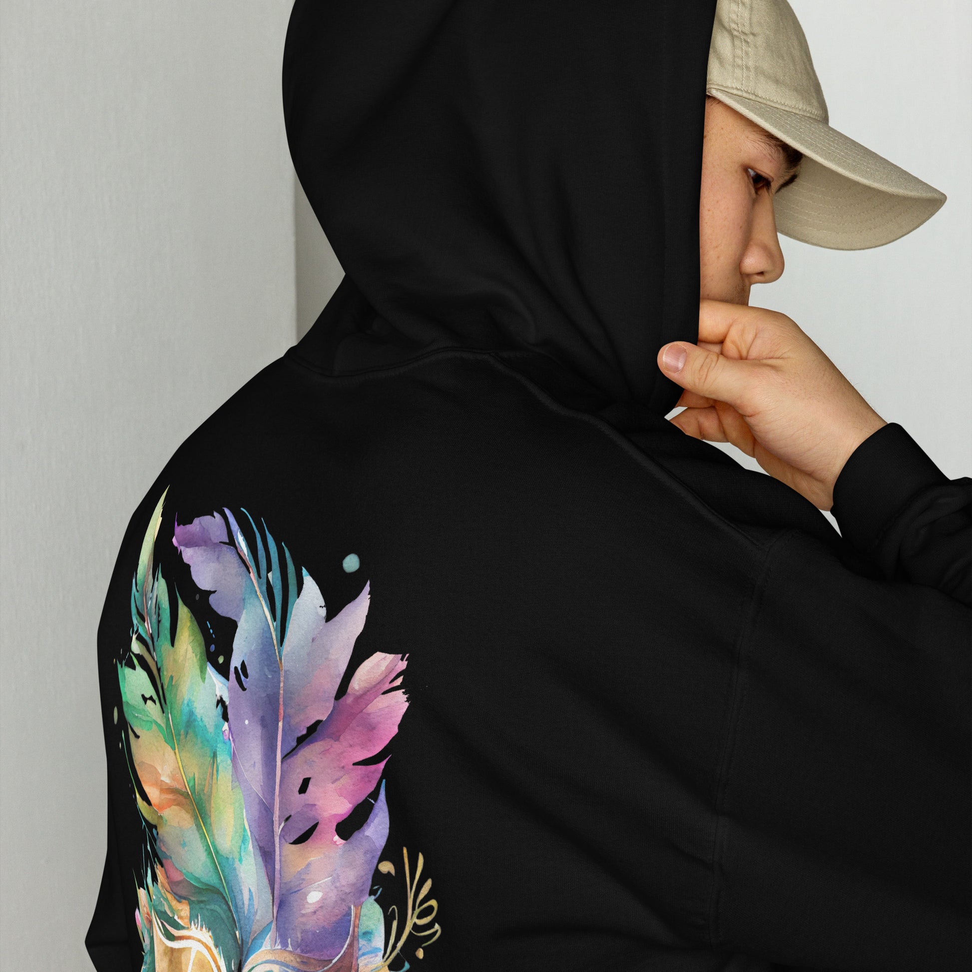 Soft unisex Mardi Gras hoodie with watercolor feathered mask on front and back, made from cotton-poly blend, perfect for Mardi Gras parades, Carnival festival outfits, French Quarter street style, layered outdoor wear, cozy adult and teen casual clothing, and colorful seasonal celebration looks inspired by New Orleans.