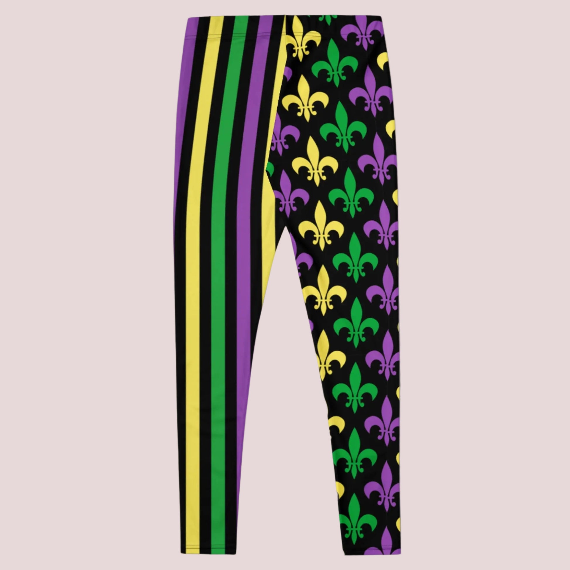 Celebrate Mardi Gras in style with black women’s leggings featuring bold green, yellow, and purple stripes on one leg and colorful fleur-de-lis graphics on the other. Whether you're dancing at a Mardi Gras party or strolling through the French Quarter in New Orleans, these comfy full-length leggings bring a festive vibe. Matching kids’ sizes make them great for family outfits.