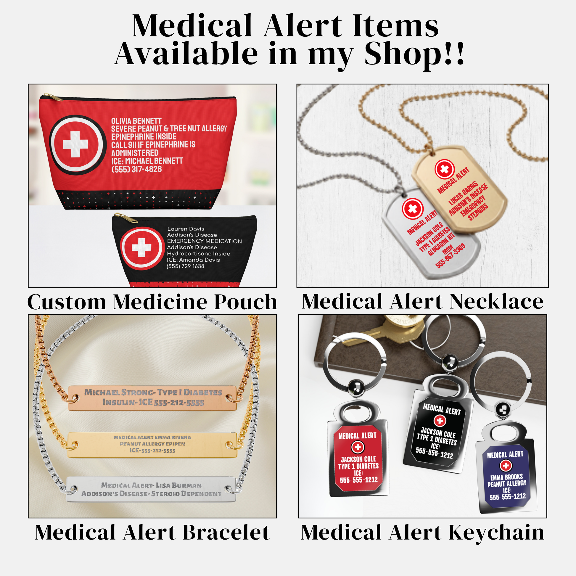 A promotional collage showing four customizable medical alert items: a red and black custom medicine pouch, a medical alert necklace with dog tags, an engraved medical alert bracelet, and medical alert keychains. The top header reads 'Medical Alert Items Available in my Shop!!'.