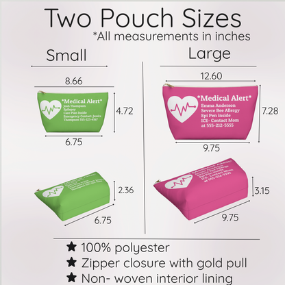 A size and measurement chart for Medical Alert pouches for organizing medical supplies and emergency essentials. Two pouch sizes, showing small and large pouch dimensions in inches with labeled green and pink pouches on a white background.