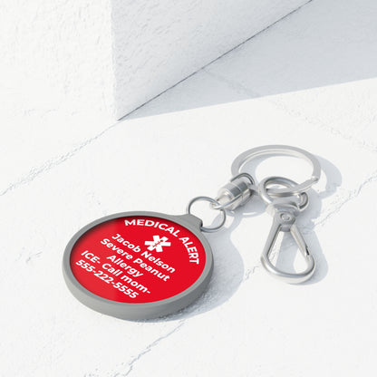 Medical alert backpack tag with custom information for children and adults. Helps communicate important medical details such as allergies diabetes epilepsy and emergency contacts.