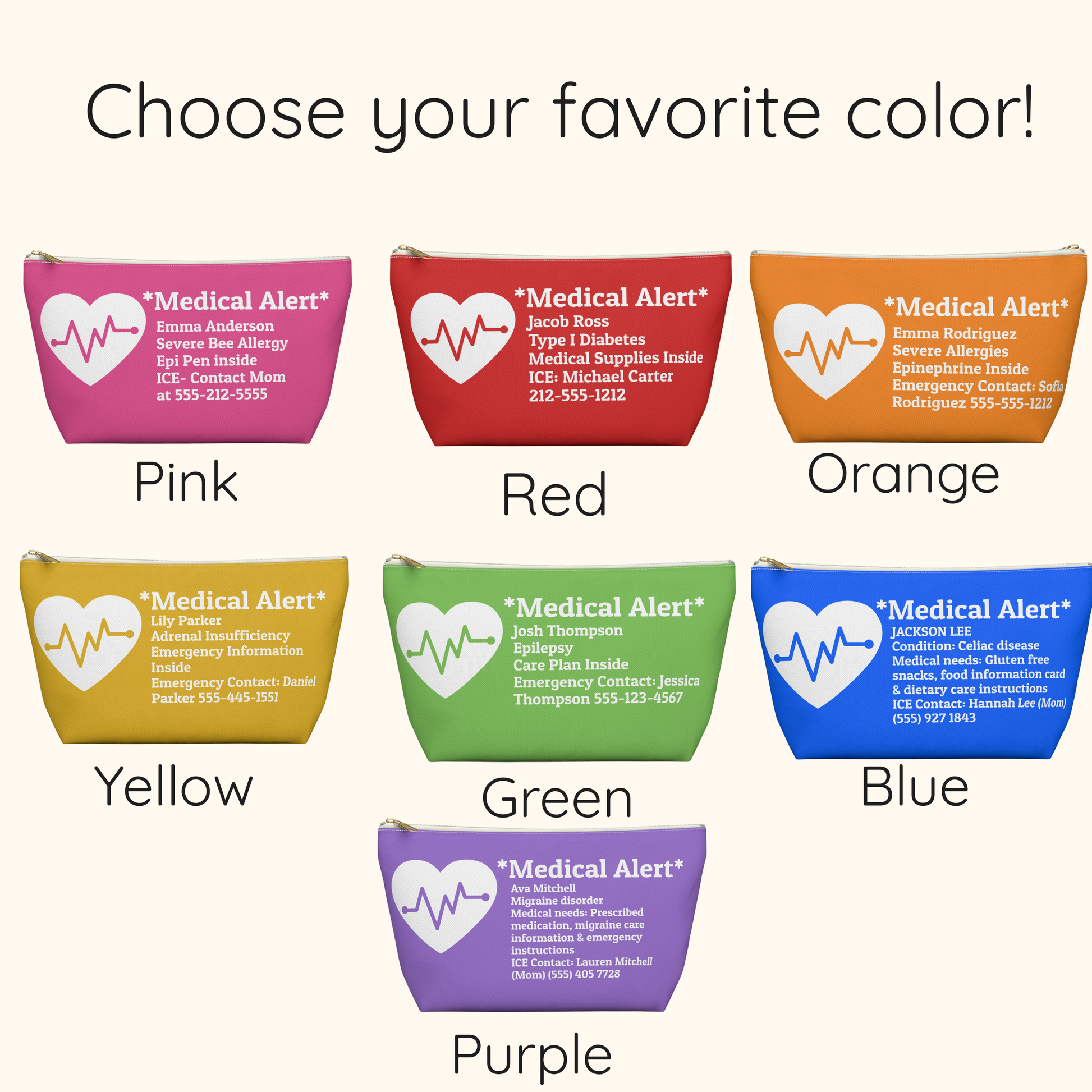 Seven colorful personalized medical alert pouches available in pink medical red bright orange golden yellow bright green electric blue and lavender with white medical alert graphics. Custom medical alert pouch for food allergies asthma Type 1 diabetes epilepsy adrenal insufficiency celiac disease and other chronic medical conditions.