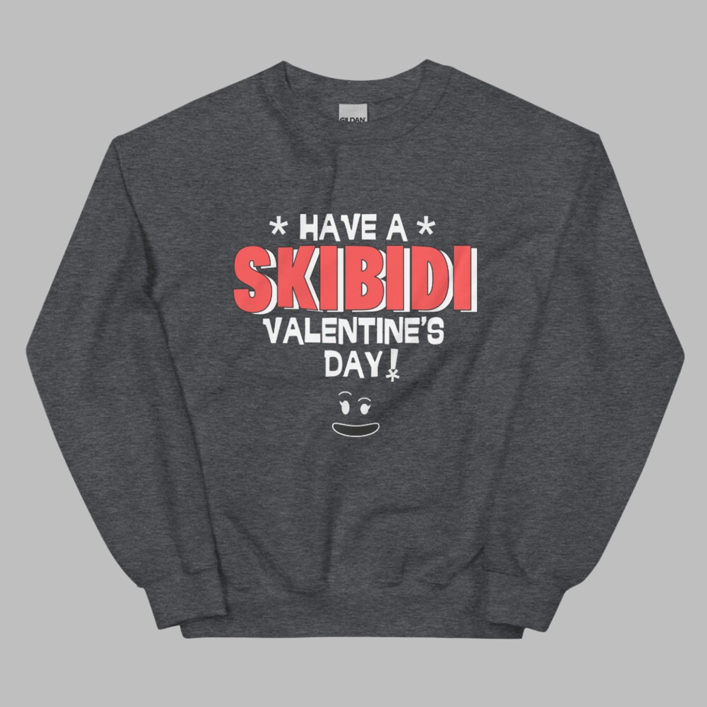 Men’s black or dark heather Skibidi sweatshirt with “Have a Skibidi Valentine’s Day!” printed boldly across the front. Perfect for meme dads who love toilet jokes, Rizz, and viral humor. Great for matching with your kid’s gamer shirt, this pullover comes in S–5XL and features cozy fleece, regular fit, and durability for everyday laughs. A hilarious Valentine’s Day shirt for dads who want to show off their meme game with their tween.