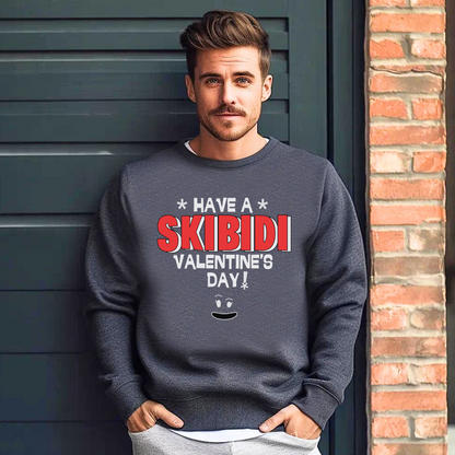 Men’s Skibidi Valentine’s Day sweatshirt in black or dark heather featuring the viral phrase “Have a Skibidi Valentine’s Day!”—perfect for dads into memes, gaming humor, and internet culture. A cozy fleece pullover in sizes S–5XL made for matching father-son outfits. Great gift for gamer dads who love Skibidi toilet jokes, Rizz humor, and viral trends. Regular fit, OEKO-TEX certified, and ideal for funny Valentine’s celebrations with your favorite little gamer.