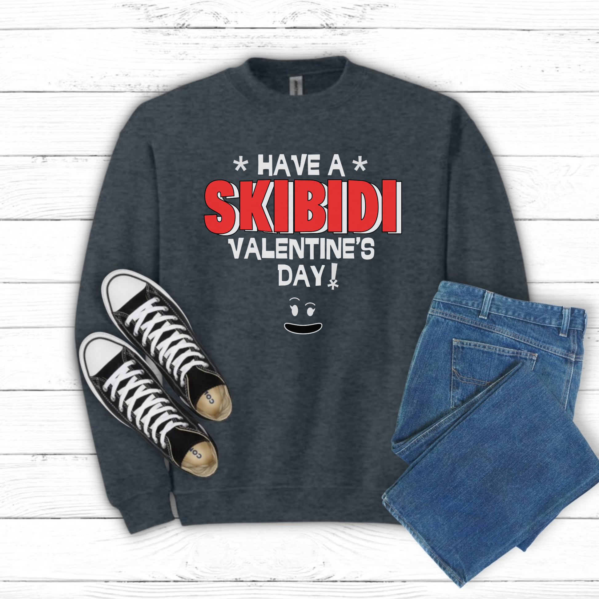 Matching men’s Valentine’s Day sweatshirt for dads who love memes, featuring Skibidi humor and the phrase “Have a Skibidi Valentine’s Day!” Perfect for father-son matching outfits, school events, or meme-loving families. Available in S–5XL in black and dark heather. Made of 50/50 cotton-poly fleece, this regular-fit sweatshirt is soft, funny, and ideal for gamer dads who want to match their tween on Valentine’s Day.
