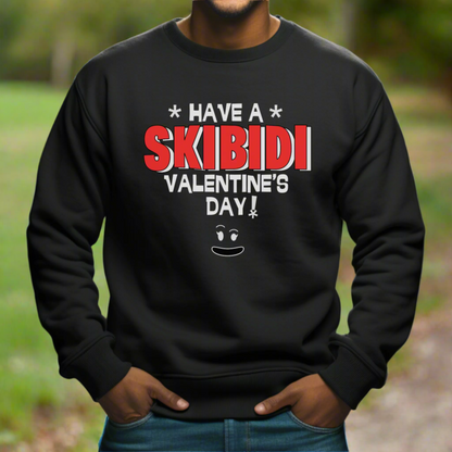 Black or dark heather Skibidi sweatshirt for men with “Have a Skibidi Valentine’s Day!” printed on the front. Designed for meme-loving dads, this cozy pullover in S–5XL is perfect for Valentine’s Day fun, especially when matching with your kid. Ideal for fans of Skibidi, Rizz, and Ohio humor, this gamer-inspired sweatshirt makes a hilarious Valentine’s gift for fathers who stay in the loop on trends and internet jokes.