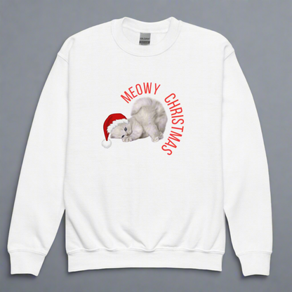 Celebrate the holidays in cozy style with this Youth Meowy Christmas Sweatshirt, available in sizes XS–XL. Featuring a cute cat in a Christmas theme, this unisex kids sweatshirt is ideal for festive events, school spirit days, and family Christmas photos. Made for boys and girls who love animals and holiday fun, this funny cat Christmas sweater brings joy and comfort all season long.

3. (483 characters)
Get into the holiday spirit with our Youth Meowy Christmas Sweatshirt, offered in sizes XS through XL. T