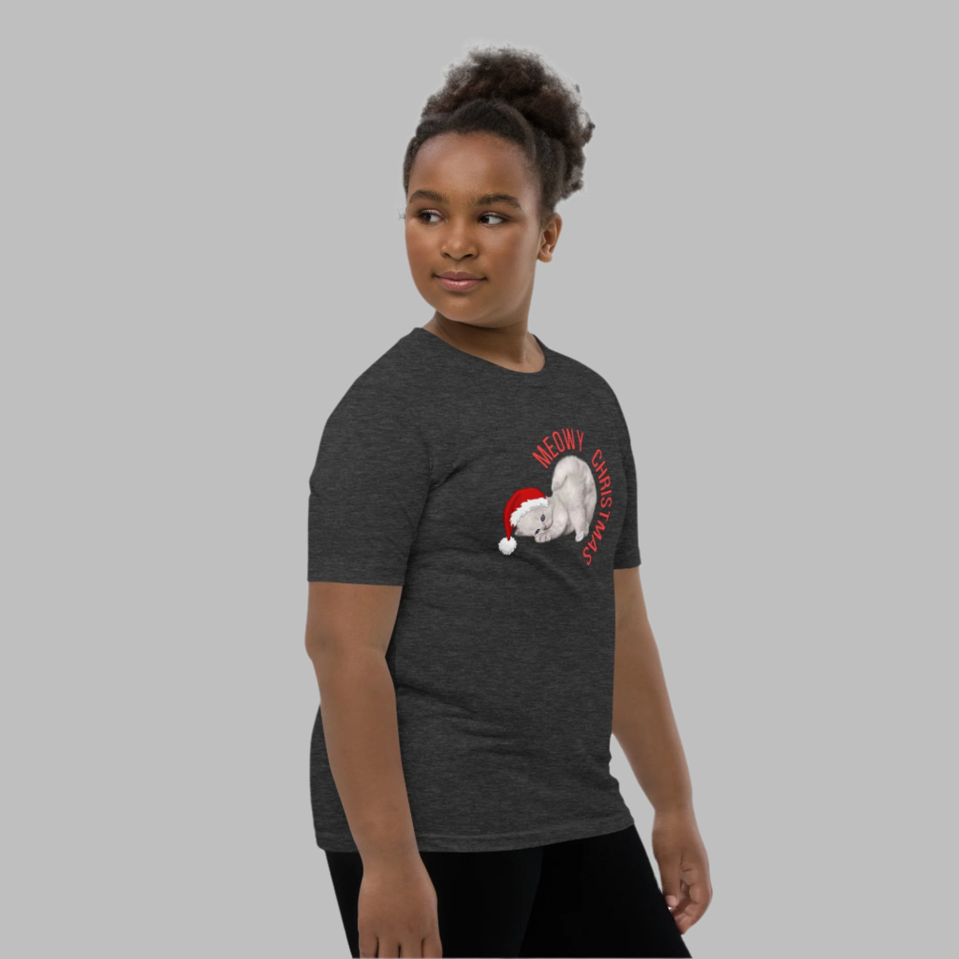 Unisex youth Christmas shirt featuring a cute gray kitten in a Santa hat and Meowy Christmas lettering. This cat-themed holiday tee is available in sizes S–XL and perfect for family matching looks, holiday photos, and festive winter wear. Ideal for cat-loving kids, Christmas pajama sets, or cozy school holiday outfits. A fun and funny Christmas gift for animal lovers and trendy tweens.