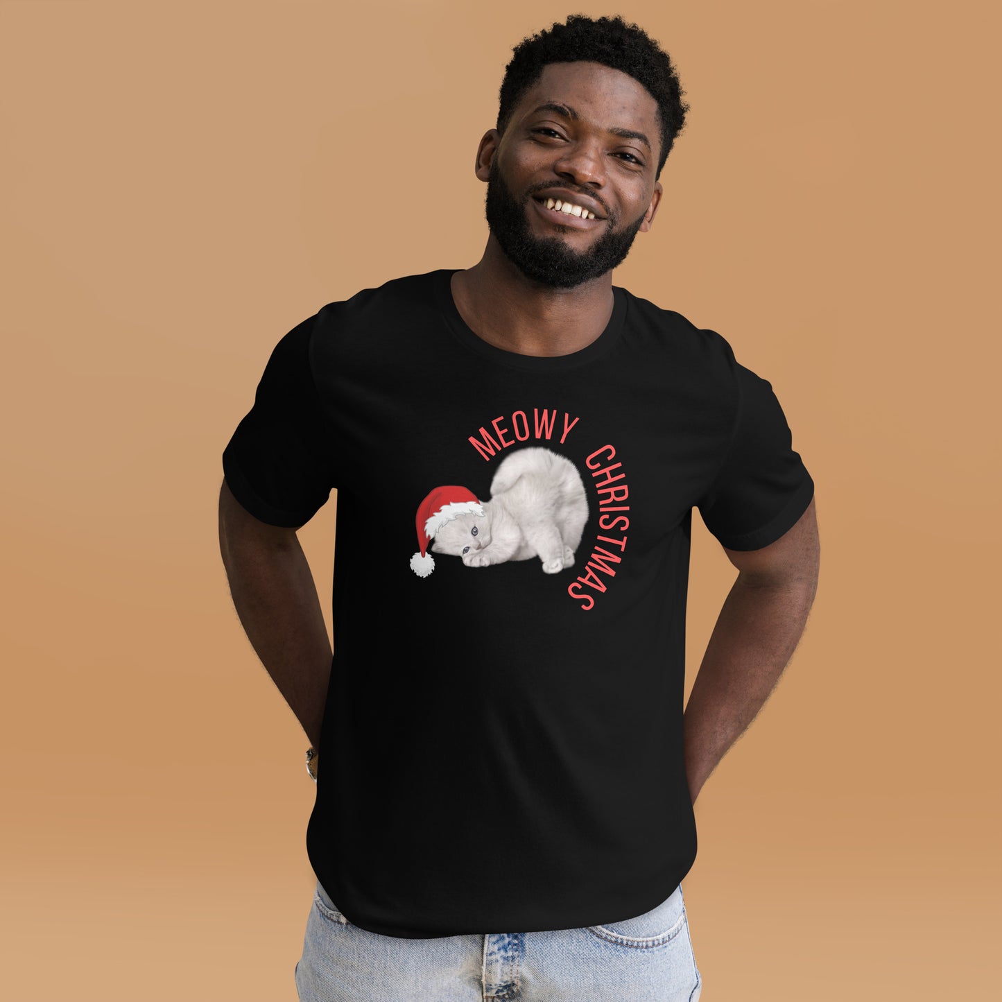 Celebrate the holidays with this Meowy Christmas adult unisex t-shirt featuring a silly graphic of a grey kitten with bright blue eyes wearing a Santa hat. Perfect for cat lovers and holiday humor fans, this Christmas cat shirt is available in sizes XS–5XL. Made for matching family sets, this tee pairs with kids’ shirts, sweatshirts, and a cozy holiday blanket. Great for pun lovers, funny holiday photos, or festive gifting.