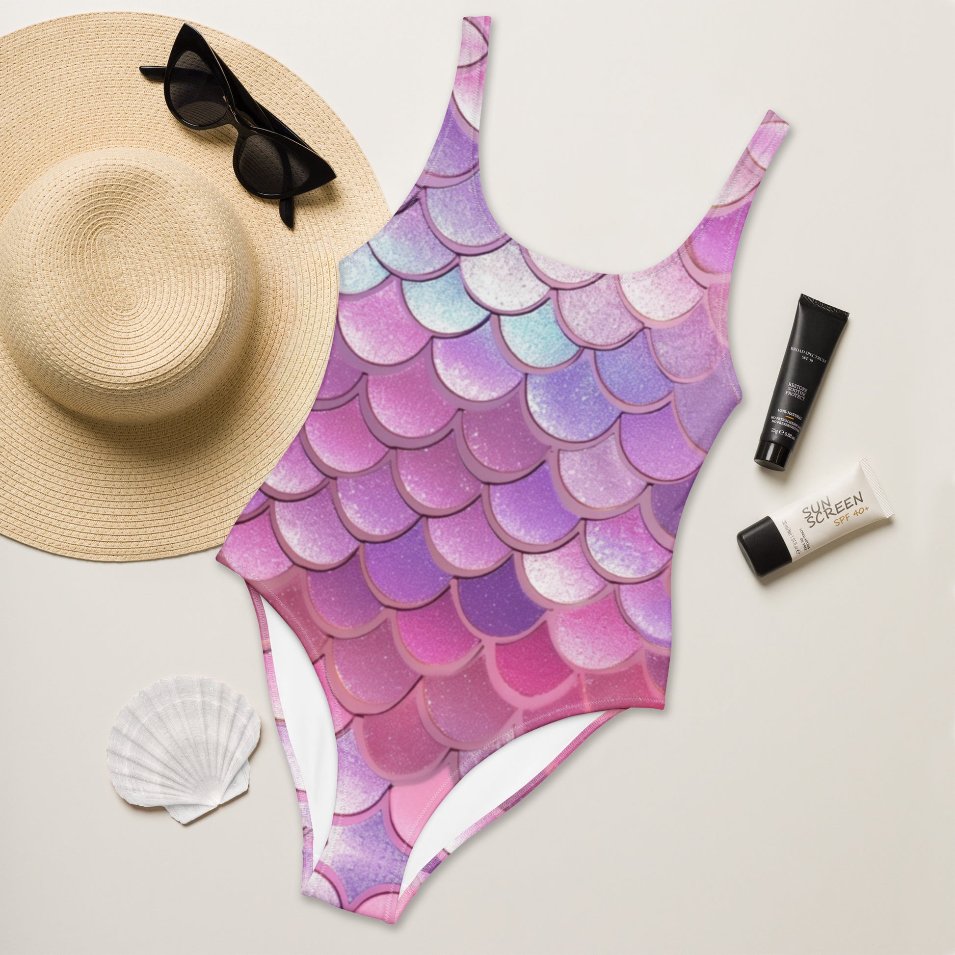Image: Mermaid One Piece Swimsuit for Women, in shades of pink, purple and blue. This ladies mermaid scale swimming suit is part of a matching family swimwear collection, which includes a one piece, two piece, mens swim trunks, and swimsuits for toddler girls, tween girls and teen girls, by jaecrece