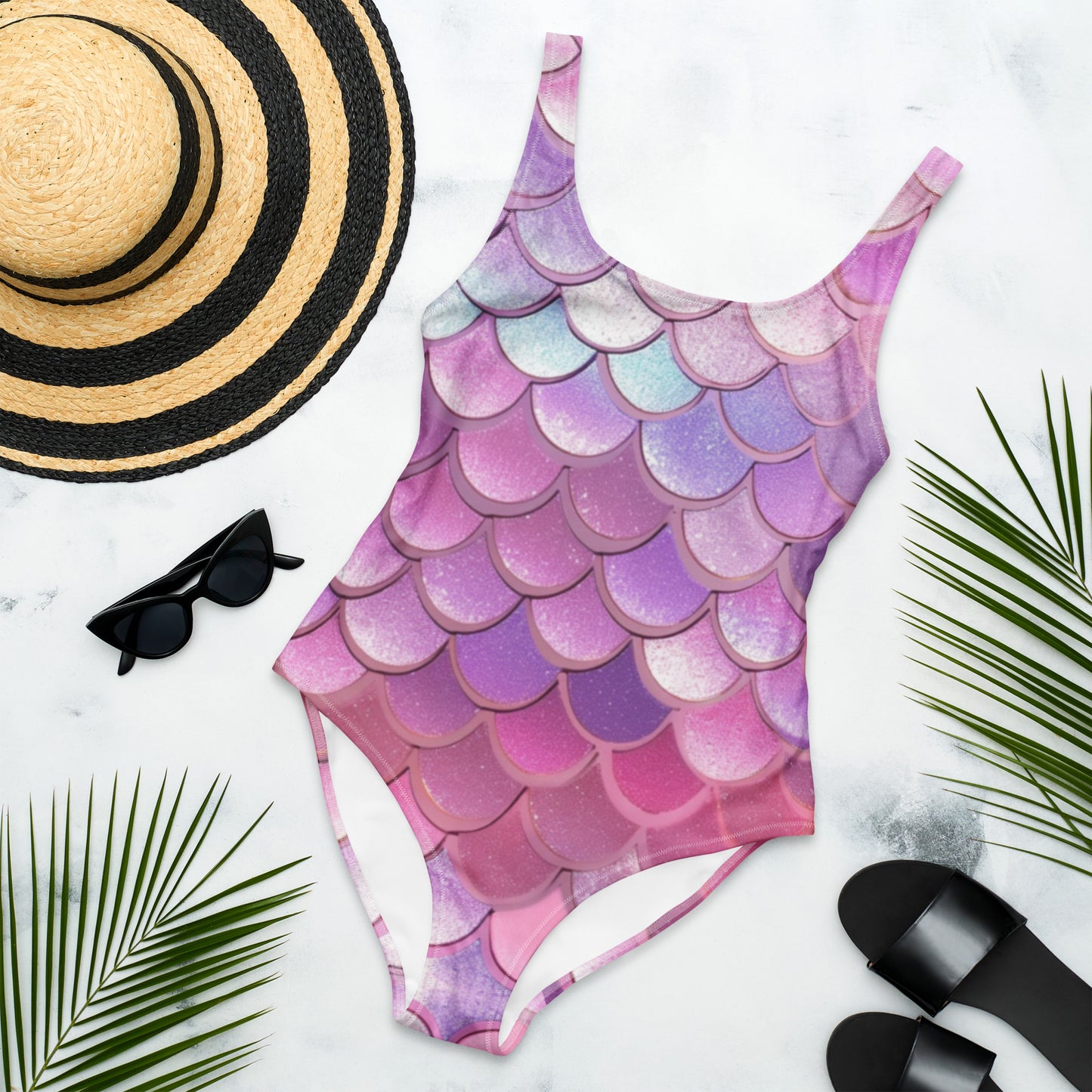 Image: Mermaid One Piece Swimsuit for Women, in shades of pink, purple and blue. This ladies mermaid scale swimming suit is part of a matching family swimwear collection, which includes a one piece, two piece, mens swim trunks, and swimsuits for toddler girls, tween girls and teen girls, by jaecrece