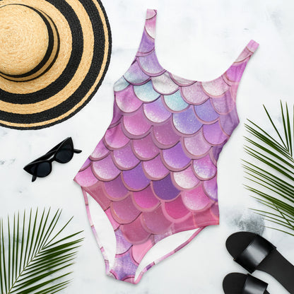 Image: Mermaid One Piece Swimsuit for Women, in shades of pink, purple and blue. This ladies mermaid scale swimming suit is part of a matching family swimwear collection, which includes a one piece, two piece, mens swim trunks, and swimsuits for toddler girls, tween girls and teen girls, by jaecrece