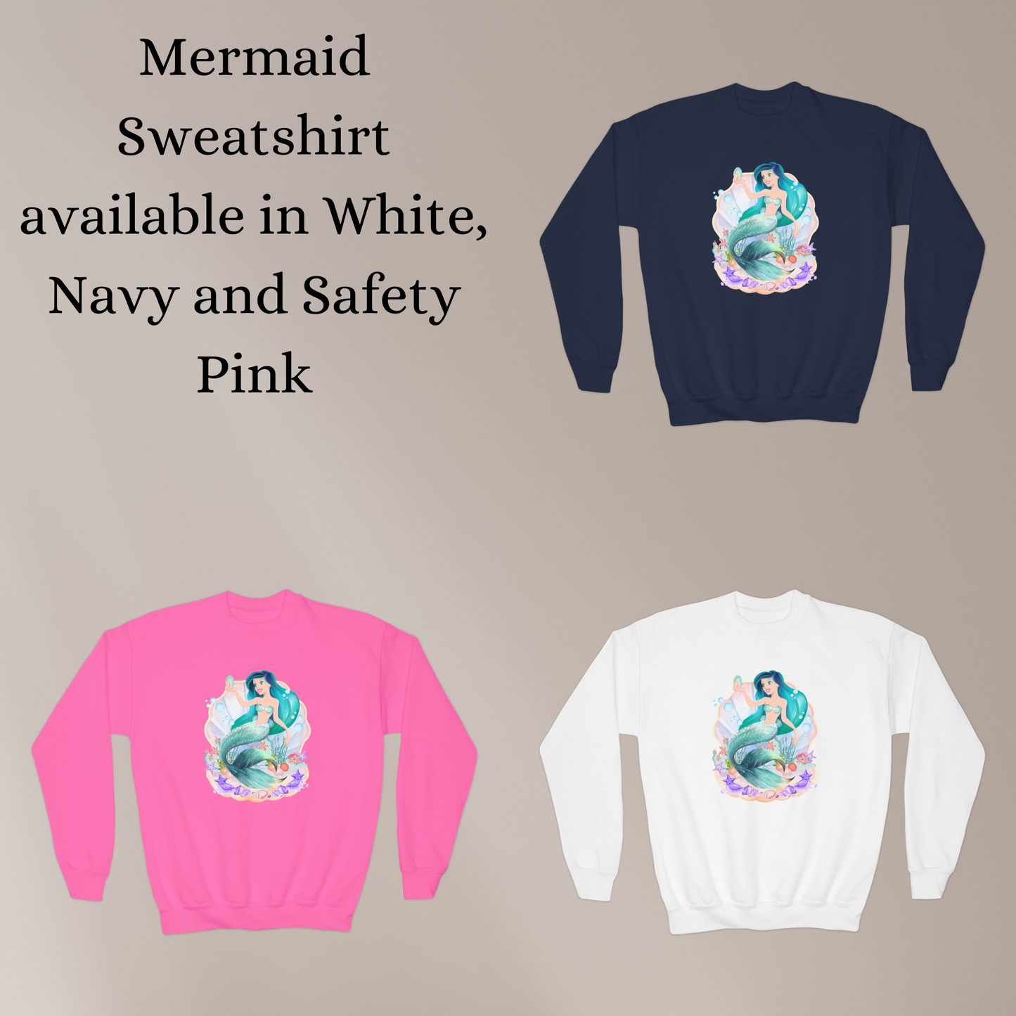 Image: Mermaid Sweatshirt for Little Girls. Pullover crewneck sweatshirt features a mermaid with blue hair and scales, swimming in a shell, with bubbles and seashells. This mermaidcore sweater is available in white, navy and hot pink, by jaecrece