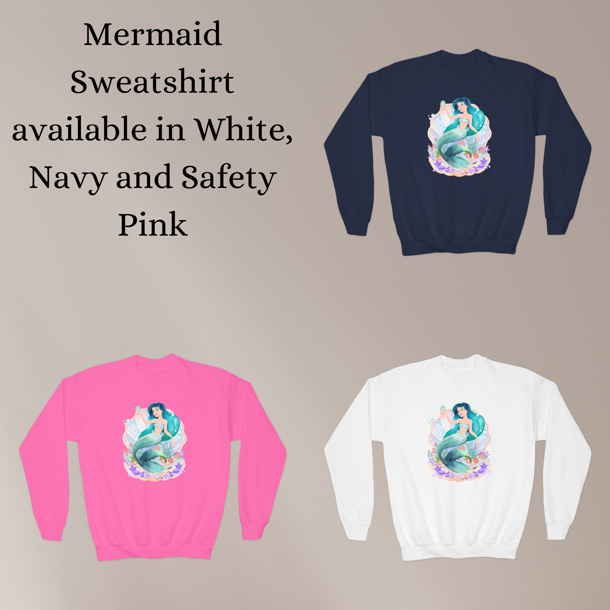 Image: Mermaid Sweatshirt for Little Girls. Pullover crewneck sweatshirt features a mermaid with blue hair and scales, swimming in a shell, with bubbles and seashells. This mermaidcore sweater is available in white, navy and hot pink, by jaecrece