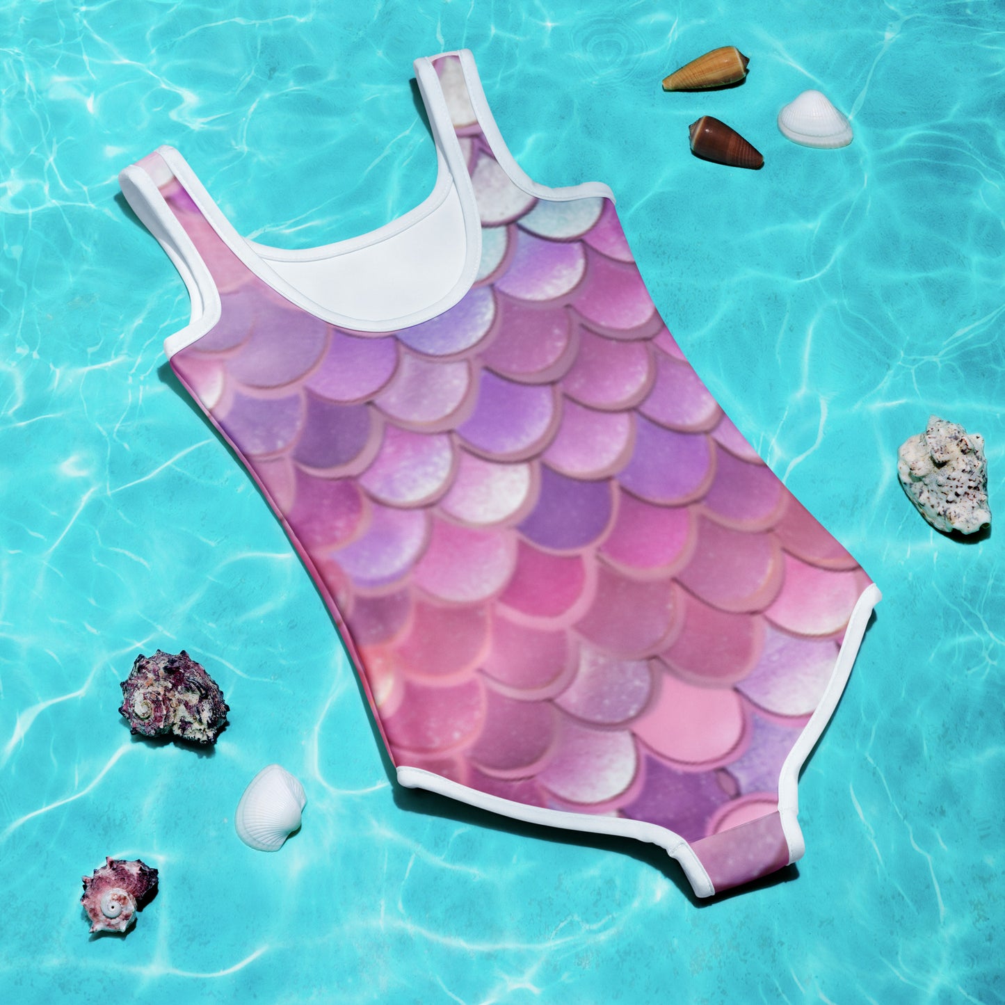 Flat lay of the Mermaid One-Piece Swimsuit by JaeCrece, showing the detailed mermaid scale print in shades of pink, purple, blue, and white. Designed for toddlers in sizes 2T–7, this swimsuit is made with stretchy microfiber yarn, double-layered front, and UPF 38–40 sun protection. Ideal for families seeking cute and protective swimwear options.