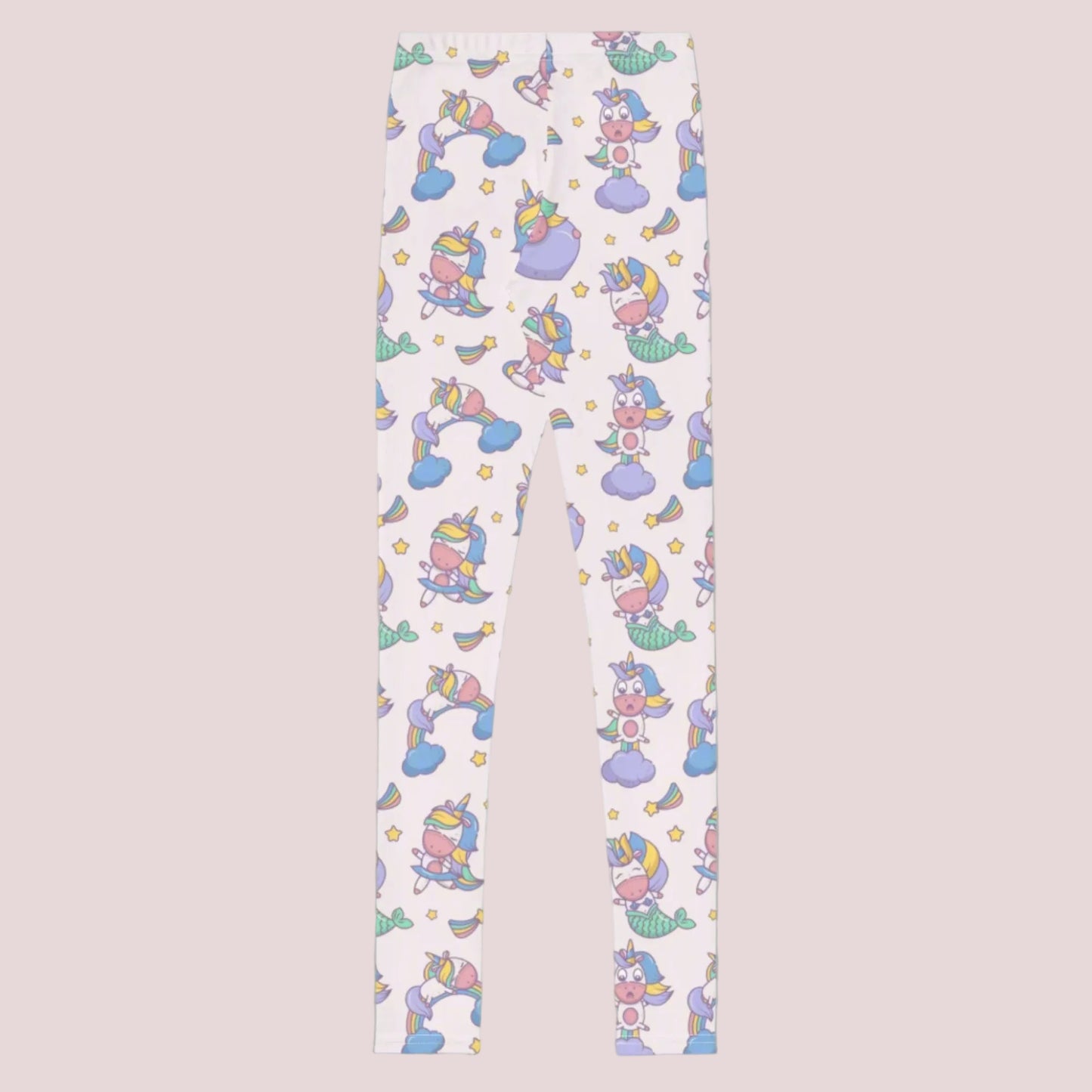 Girls youth leggings with mermaid and unicorn kawaii print on a pink background, high waist stretchy fit designed for comfort and movement, full length leggings that sit at the ankle, soft microfiber fabric that feels smooth and flexible for everyday wear, perfect for school days, casual outings, or relaxing at home, colorful fantasy inspired design for tweens who love whimsical and playful fashion