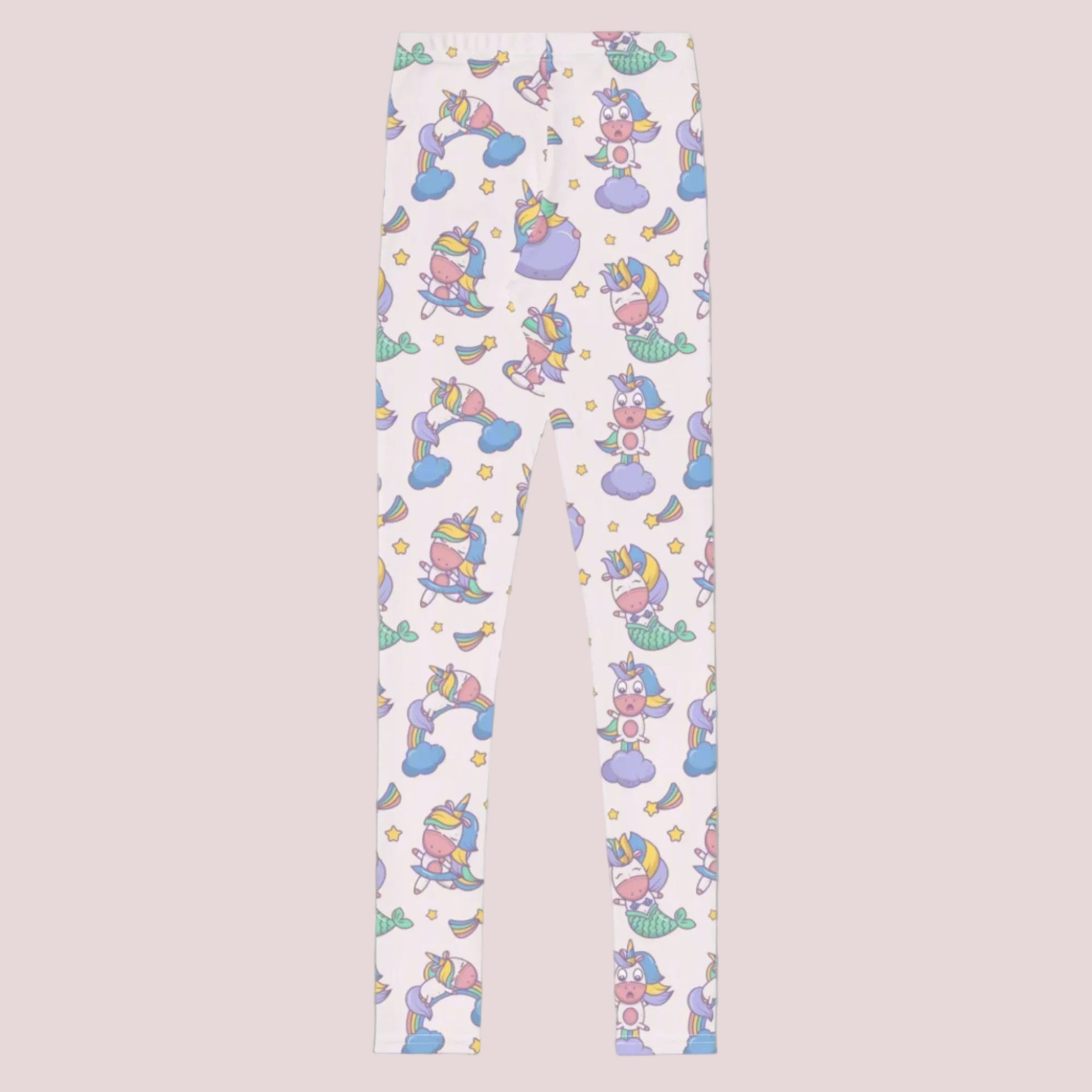 Girls youth leggings with mermaid and unicorn kawaii print on a pink background, high waist stretchy fit designed for comfort and movement, full length leggings that sit at the ankle, soft microfiber fabric that feels smooth and flexible for everyday wear, perfect for school days, casual outings, or relaxing at home, colorful fantasy inspired design for tweens who love whimsical and playful fashion