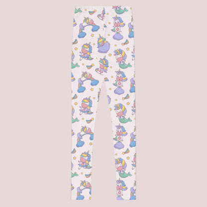 Girls youth leggings with mermaid and unicorn kawaii print on a pink background, high waist stretchy fit designed for comfort and movement, full length leggings that sit at the ankle, soft microfiber fabric that feels smooth and flexible for everyday wear, perfect for school days, casual outings, or relaxing at home, colorful fantasy inspired design for tweens who love whimsical and playful fashion