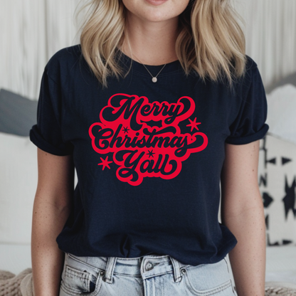 Looking for a festive and comfy holiday shirt? This Merry Christmas Y’all t-shirt is printed on a soft Bella Canvas tee with bold red script. A great option for anyone who loves country Christmas tees, farmhouse-style holiday outfits, or Southern graphic t-shirts. Ideal for matching family sets, December birthdays, or cozy nights in with cocoa and twinkly lights.