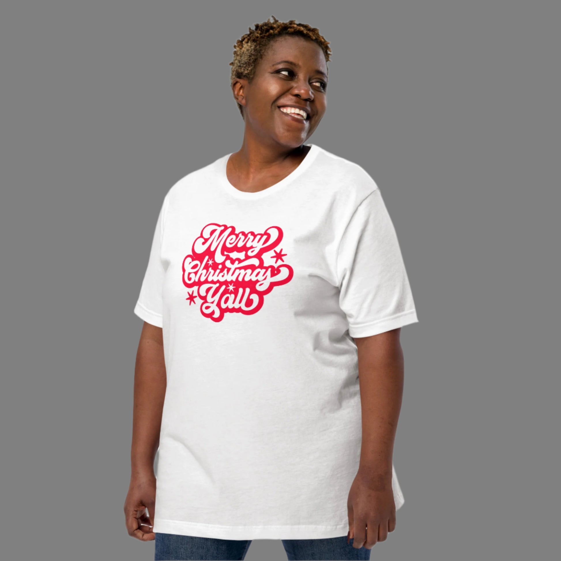 This adult Merry Christmas Y’all shirt brings festive cheer and a Southern vibe to your winter wardrobe. Printed on a Bella Canvas t-shirt with bright red script, it’s cozy and flattering for all genders. Ideal for casual holiday outfits, adult Christmas graphic tees, rustic family looks, or festive Southern shirts. Celebrate in comfort and seasonal style.