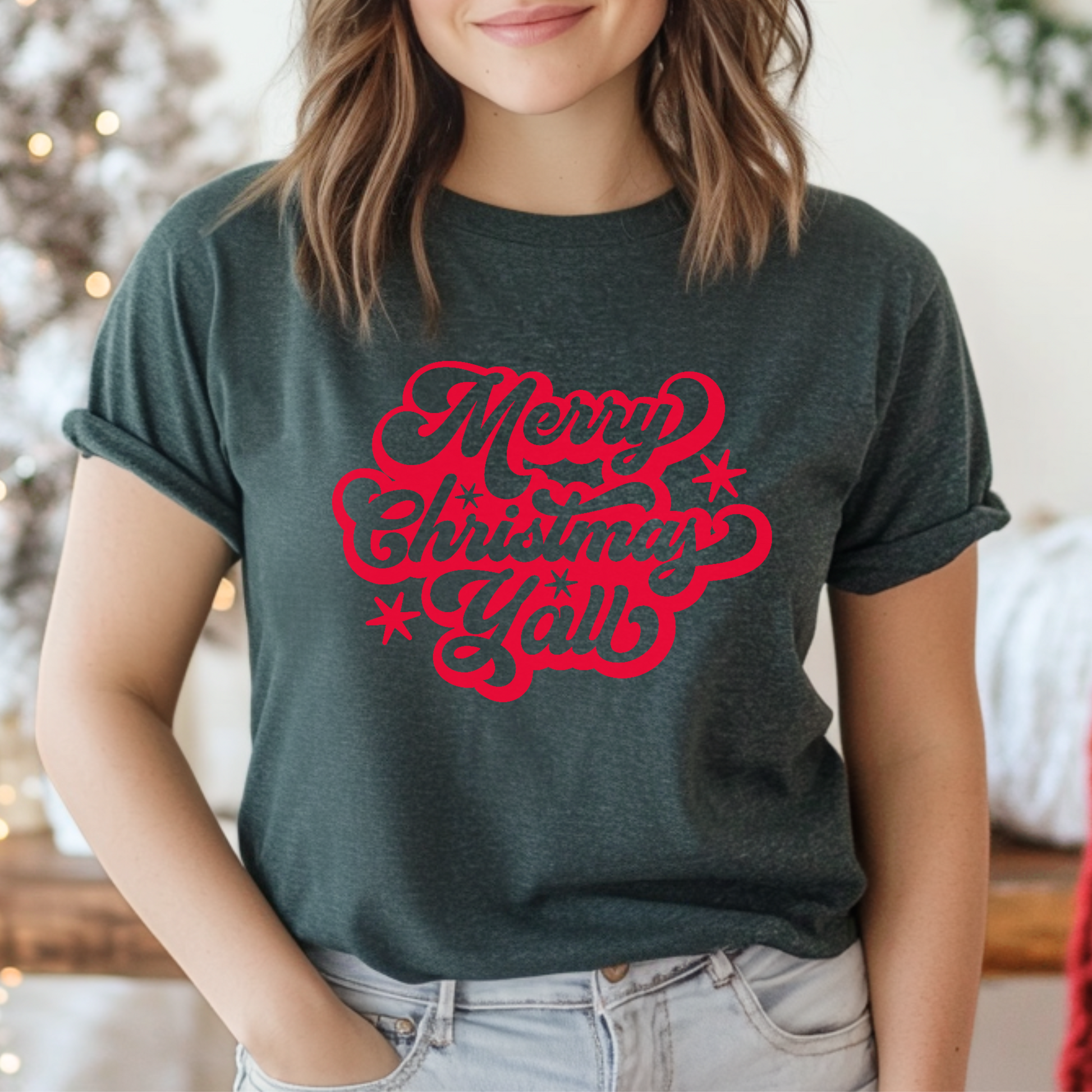 Show off your holiday spirit with this Southern-style Merry Christmas Y’all adult t-shirt in red script. Printed on a high-quality Bella Canvas unisex shirt, it’s soft, flattering, and ideal for festive photo ops. Perfect for anyone searching for red Christmas t-shirts, country Christmas fashion, adult holiday tees, or rustic farmhouse Christmas apparel. A cozy choice for holiday shopping or lounging.