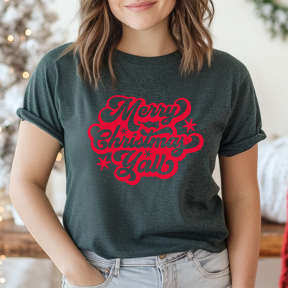 Show off your holiday spirit with this Southern-style Merry Christmas Y’all adult t-shirt in red script. Printed on a high-quality Bella Canvas unisex shirt, it’s soft, flattering, and ideal for festive photo ops. Perfect for anyone searching for red Christmas t-shirts, country Christmas fashion, adult holiday tees, or rustic farmhouse Christmas apparel. A cozy choice for holiday shopping or lounging.