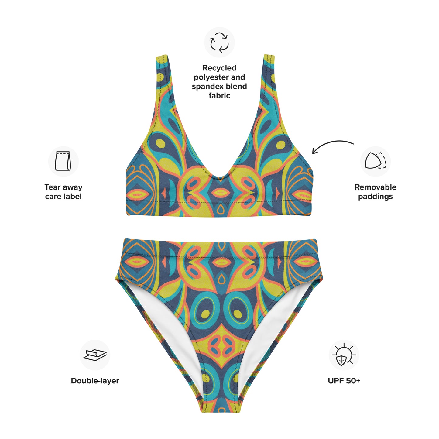 Mid century modern bikini in blue, teal, coral, and mustard gold mosaic design. High waisted fit with removable padding, double layered for durability. Eco friendly swimsuit made on demand from recycled polyester. Sizes XS 3XL. Ideal for pool, beach, and summer holiday outfits.