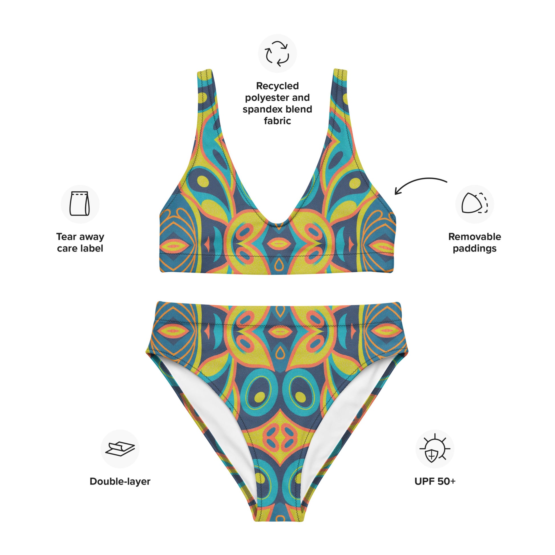 Mid century modern bikini in blue, teal, coral, and mustard gold mosaic design. High waisted fit with removable padding, double layered for durability. Eco friendly swimsuit made on demand from recycled polyester. Sizes XS 3XL. Ideal for pool, beach, and summer holiday outfits.
