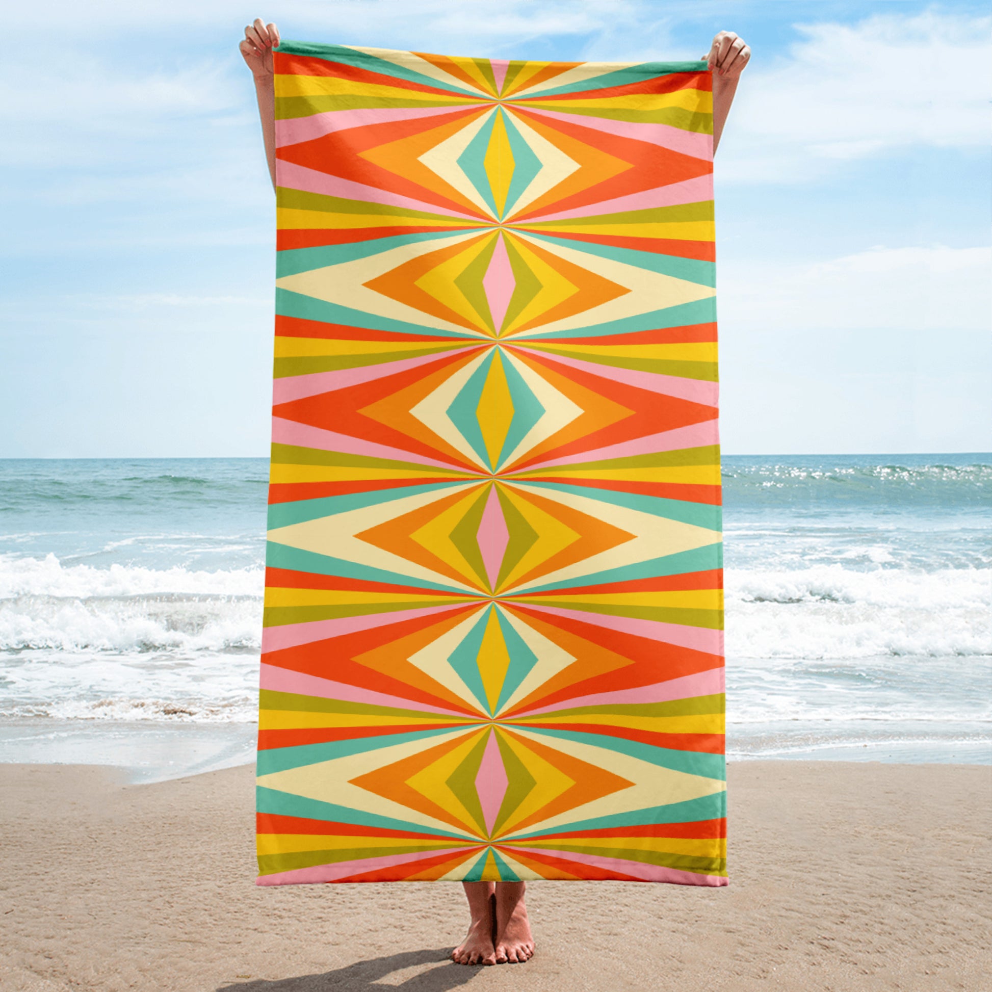Mid Century Modern Bold Geometric Graphic Beach towel, in red, orange, green, teal, yellow and white. A perfect unique must have accessory for your next family vacation, by jaecrece.com