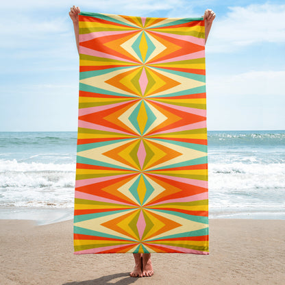 Mid Century Modern Bold Geometric Graphic Beach towel, in red, orange, green, teal, yellow and white. A perfect unique must have accessory for your next family vacation, by jaecrece.com