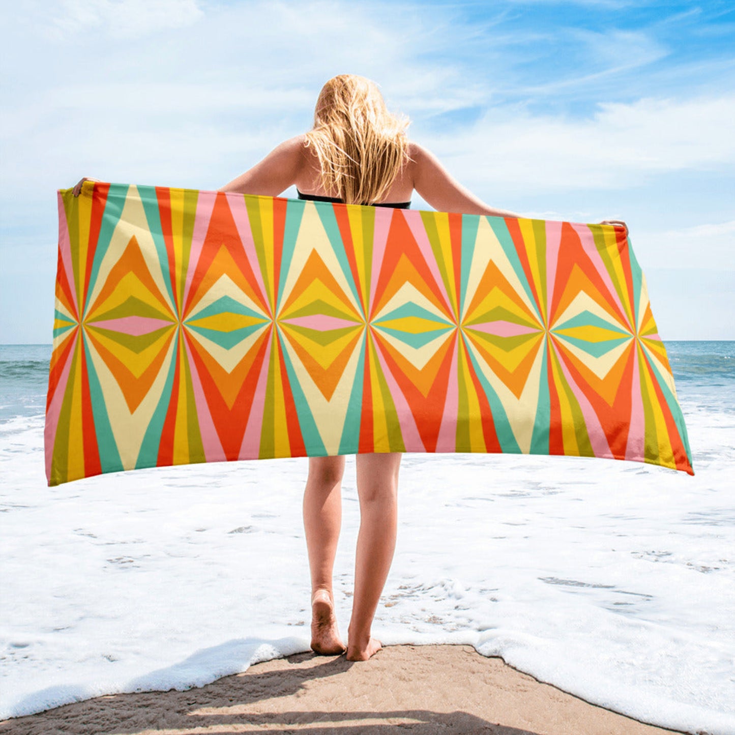 Mid century modern geometric beach towel with colorful retro pattern, soft absorbent cotton blend towel perfect for beach days, pool lounging, summer vacations, and Palm Springs style resort trips, vibrant retro beach accessory for vintage design lovers and geometric pattern home decor fans.