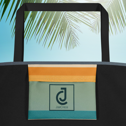 Retro inspired large tote bag with a vintage sunset design printed on both sides, made from durable canvas style polyester fabric. This roomy tote bag features cotton webbing handles, a large interior pocket, and vibrant colors, making it ideal for beach trips, shopping errands, travel days, and everyday use.