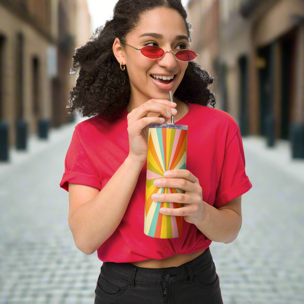 Mid Century Modern Geometric Stainless Steel 20 oz Tumbler, in shades of red, orange, yellow, green and teal, by jaecrece.com