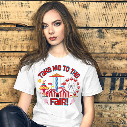 Get fair day ready with this Take Me to the Fair Shirt! Featuring a pastel graphic of a Ferris wheel and cotton candy, this county fair tee is perfect for summer festivals, rodeos, or state fairs in Iowa, Texas, and Minnesota. Soft and comfy for long fair days, this t-shirt by jaecrece is great for food truck nights, funnel cake lovers, and moms coordinating matching outfits with the kids.