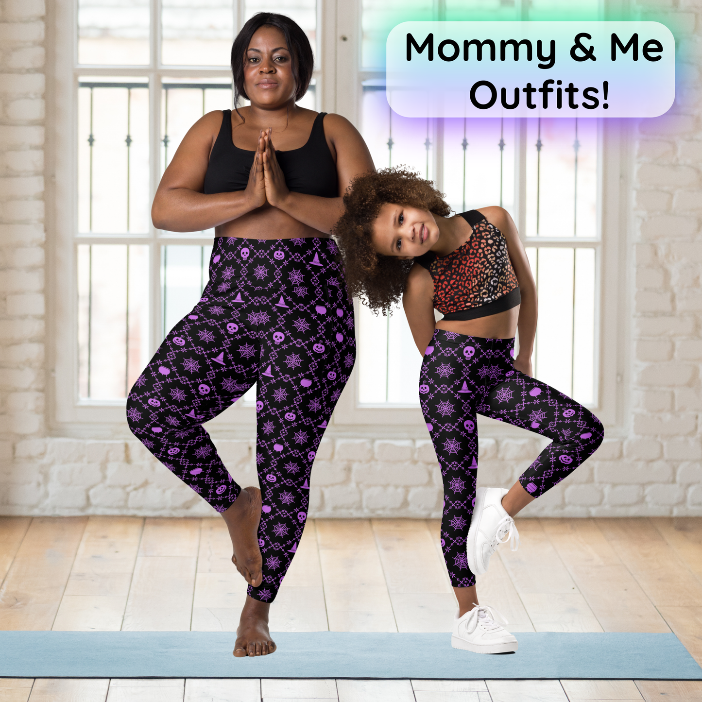 Mommy and me Halloween leggings featuring a playful purple and black geometric spooky print, with full length legs and a high rise waist. Matching leggings are available in adult and kids sizes for coordinated Halloween outfits, trick or treating, pumpkin patches, fall festivals and spooky season family photos.