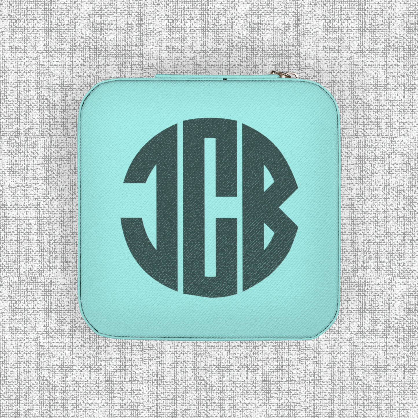 Tiffany blue monogram jewelry box designed for travel, compact jewelry storage case with compartments, ring rolls and necklace hooks