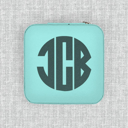 Tiffany blue monogram jewelry box designed for travel, compact jewelry storage case with compartments, ring rolls and necklace hooks