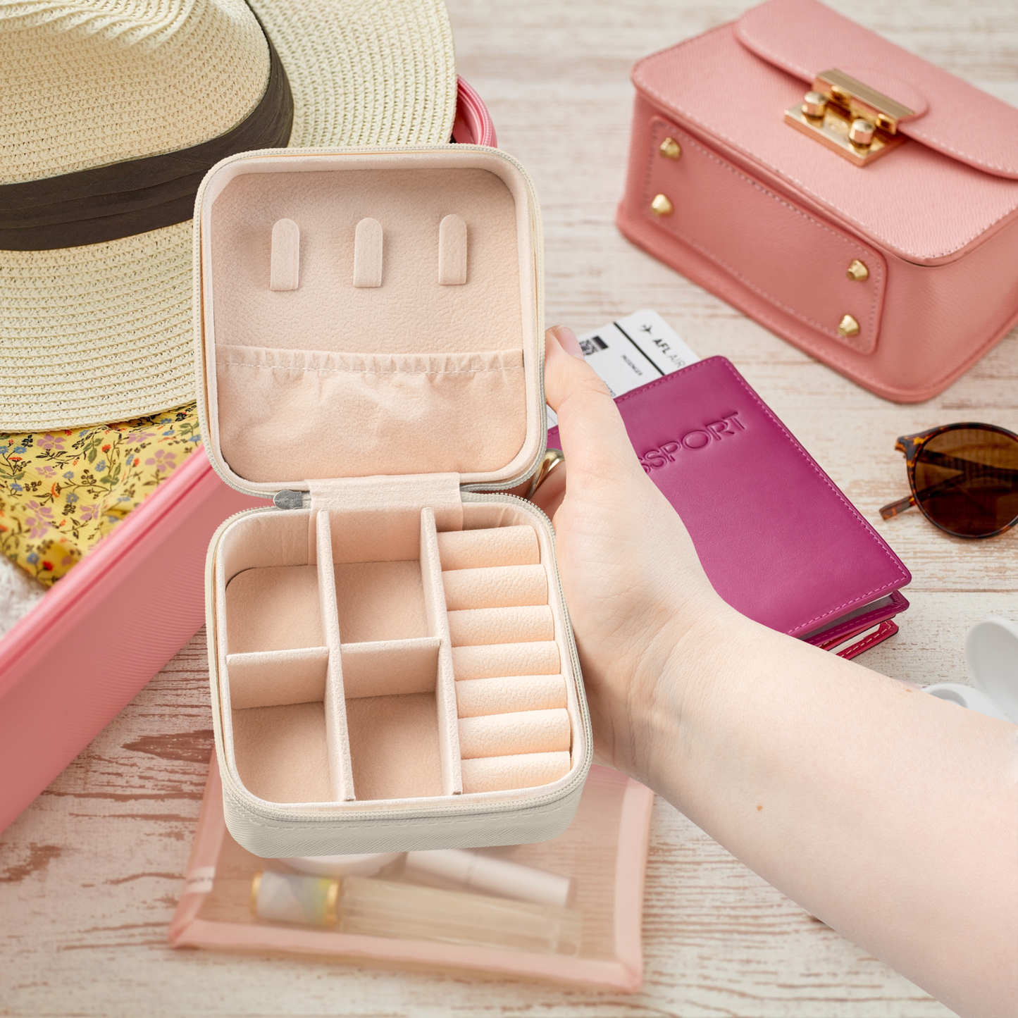 Monogram travel jewelry case made with PU leather exterior and soft interior lining, small jewelry organizer for vacations, weekend trips, handbags and carry on luggage