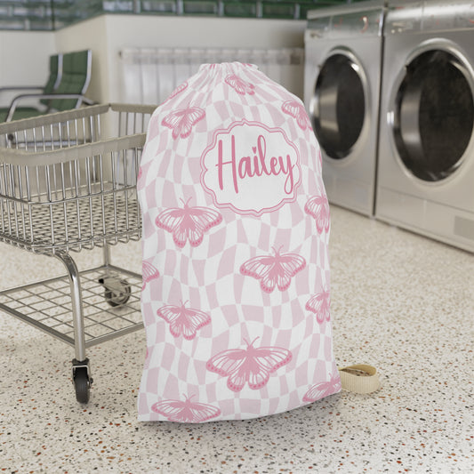 Pink Butterfly Pattern Laundry Bag | Personalized Name Option