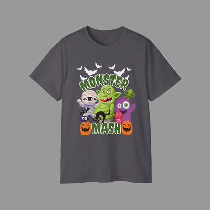 Halloween unisex graphic t-shirt with Monster Mash cartoon print, featuring fun characters like a mummy, pumpkins, bats, troll, and spider. Made from soft cotton on the classic Gildan 2000 shirt, this Halloween tee is available in sizes S–5XL in black or charcoal. Ideal for trick-or-treating, haunted houses, fall festivals, or family Halloween photos, this festive graphic shirt makes the perfect spooky season gift idea for adults.