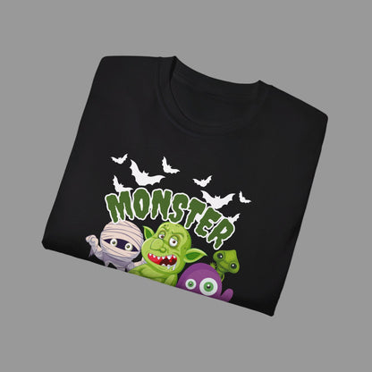 Halloween party graphic shirt in black with Monster Mash design, featuring cartoon characters like a spooky mummy, pumpkins, bats, troll, and spider. Printed on soft 100% cotton Gildan 2000, this adult unisex tee is available in S–5XL and perfect for haunted houses, trick-or-treating, or everyday fall outfits. A playful spooky season t-shirt that makes a festive gift idea for Halloween lovers, friends, or family celebrating the holiday.