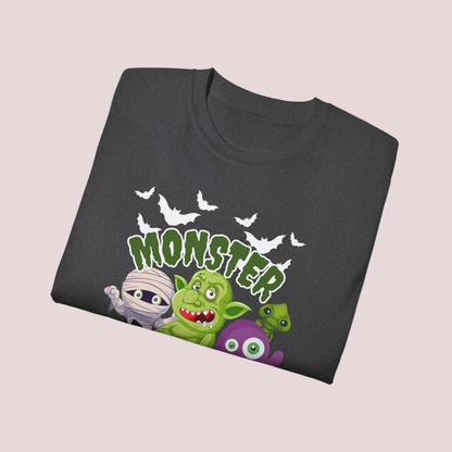 Monster Mash adult Halloween shirt with playful spooky cartoon design featuring bats, trolls, pumpkins, mummy and black cat on black or dark heather cotton tee. Green slime lettering adds bold Halloween style. Unisex sizes S through 5XL. Great gift for Halloween fans, October birthdays, party hosts, teachers, moms and dads. Cute spooky season shirt for casual fall outfits, pumpkin patch trips, fun holiday events.