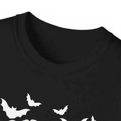 Black Monster Mash graphic t-shirt for adults with spooky cartoon designs featuring a mummy, pumpkins, bats, troll, and spider, making it the perfect Halloween party shirt. Made with durable, breathable cotton on the Gildan 2000, this unisex Halloween tee is available in sizes S–5XL. Ideal for haunted houses, trick-or-treating, fall festivals, or casual spooky outfits, this fun t-shirt is a must-have Halloween gift idea for him or her.