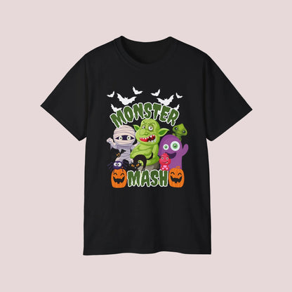 Cute Monster Mash Halloween shirt for adults with playful cartoon bats, trolls, mummy, smiling pumpkins, black cat and bold slime green text. Printed on a black or dark heather Gildan 2000 unisex tee in sizes S through 5XL. Fun October shirt for moms, dads, teachers, Halloween lovers, party outfits, haunted house trips, pumpkin patch photos, cozy fall style, spooky season graphic tee, funny monster shirt.